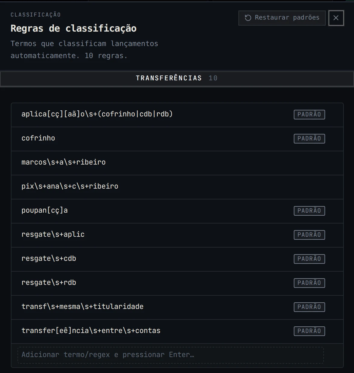 Regras de classificação escritas como texto ou expressão regular.